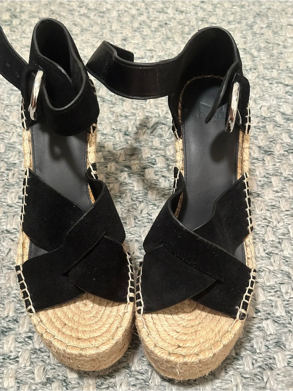 Marc Fisher Black Suede Able Espadrille Wedge Sandals with Ankle Strap